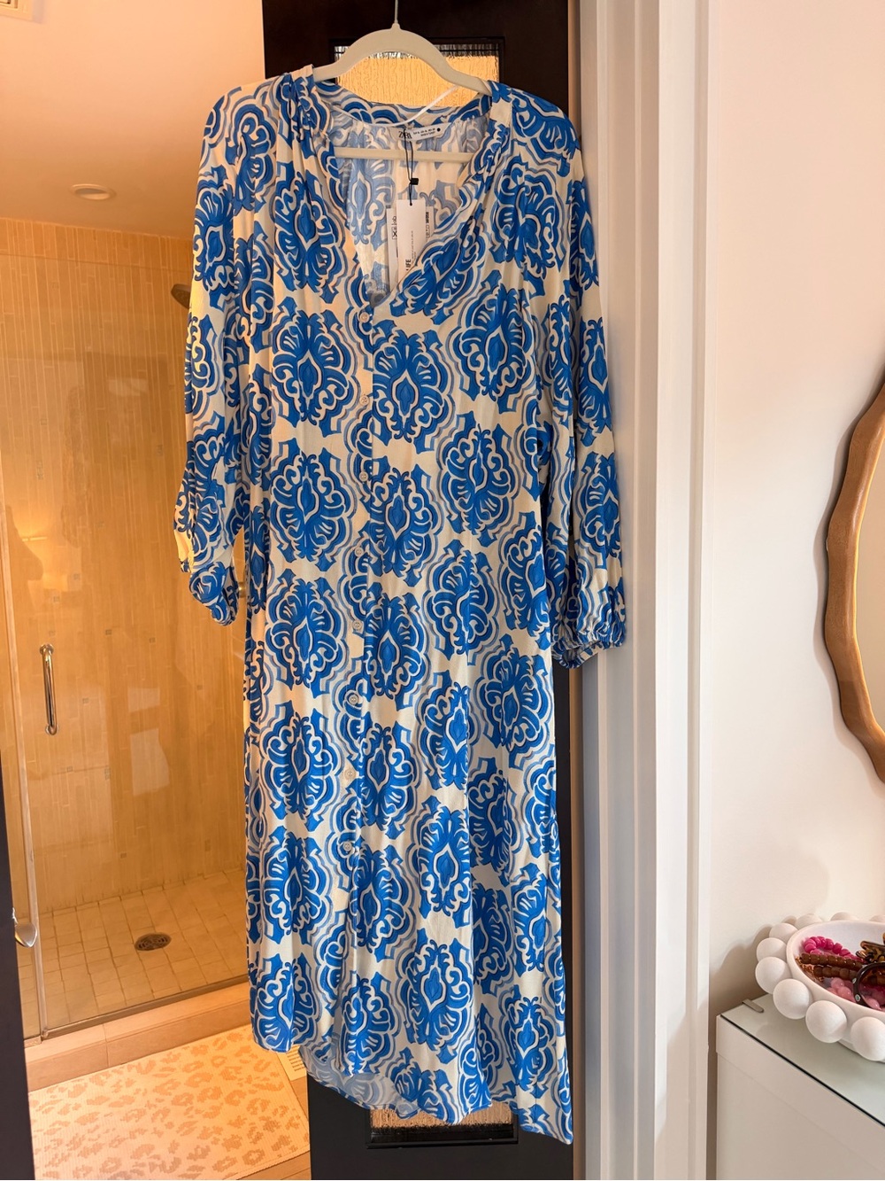 NWT Zara Blue White Printed Midi Shirt Dress XL